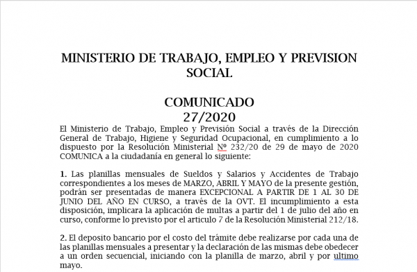 MINISTERIO DE TRABAJO, EMPLEO Y PREVISION SOCIAL  COMUNICADO 27/2020